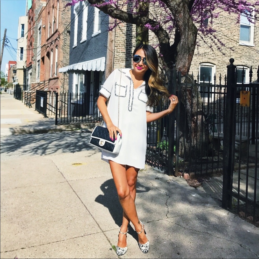 White Shirt dress with Tweed Trim